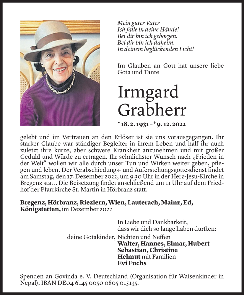  Todesanzeige für Irmgard Grabherr vom 09.12.2022 aus Vorarlberger Nachrichten 