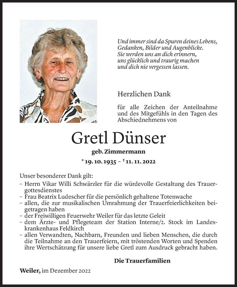  Todesanzeige für Gretl Dünser vom 03.12.2022 aus Vorarlberger Nachrichten