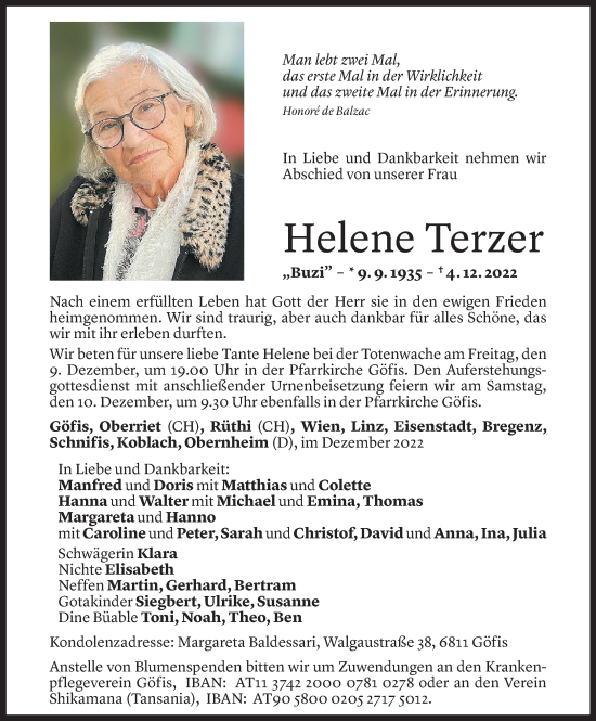 Todesanzeige von Helene Terzer von Vorarlberger Nachrichten