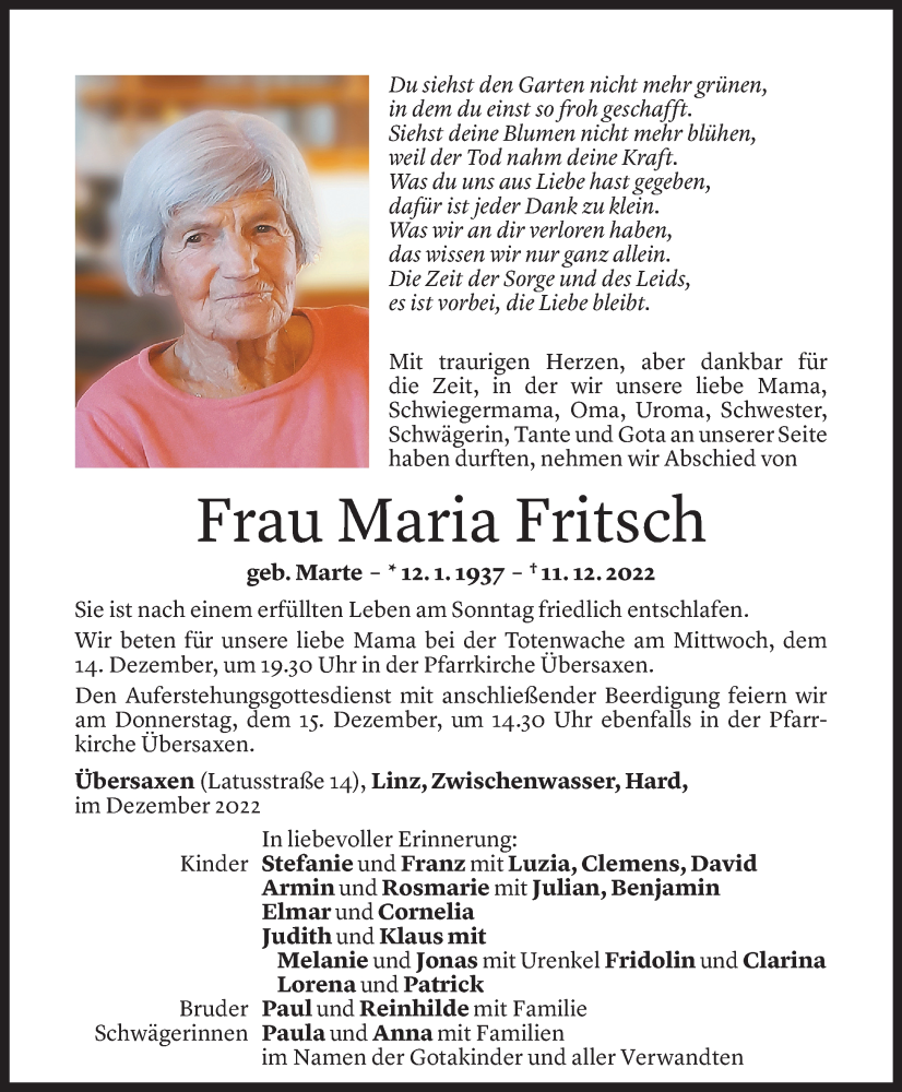  Todesanzeige für Maria Fritsch vom 13.12.2022 aus Vorarlberger Nachrichten