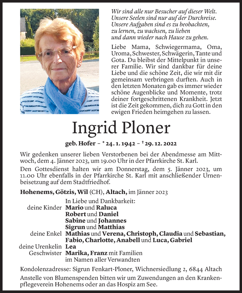  Todesanzeige für Ingrid Ploner vom 31.12.2022 aus Vorarlberger Nachrichten