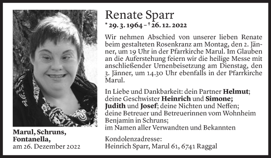 Todesanzeige von Renate Sparr von Vorarlberger Nachrichten