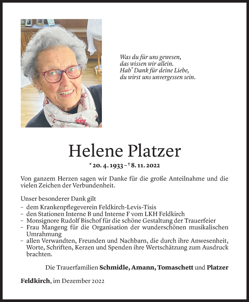  Todesanzeige für Helene Platzer vom 08.12.2022 aus Vorarlberger Nachrichten
