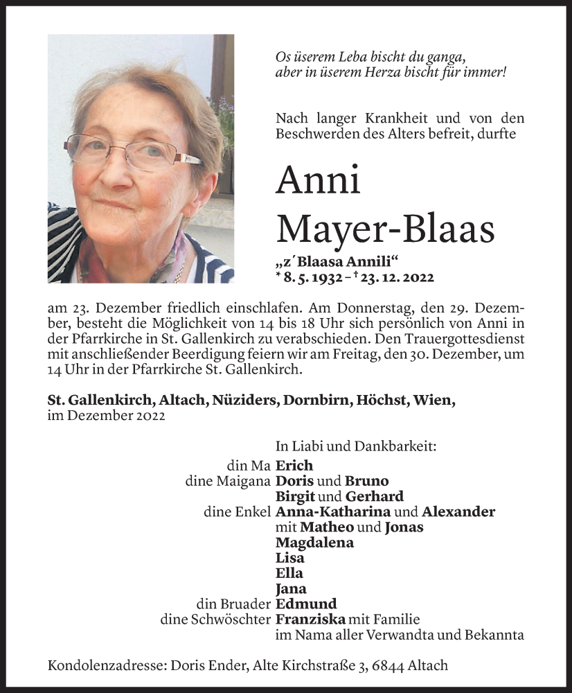  Todesanzeige für Anni Mayer-Blaas vom 27.12.2022 aus Vorarlberger Nachrichten