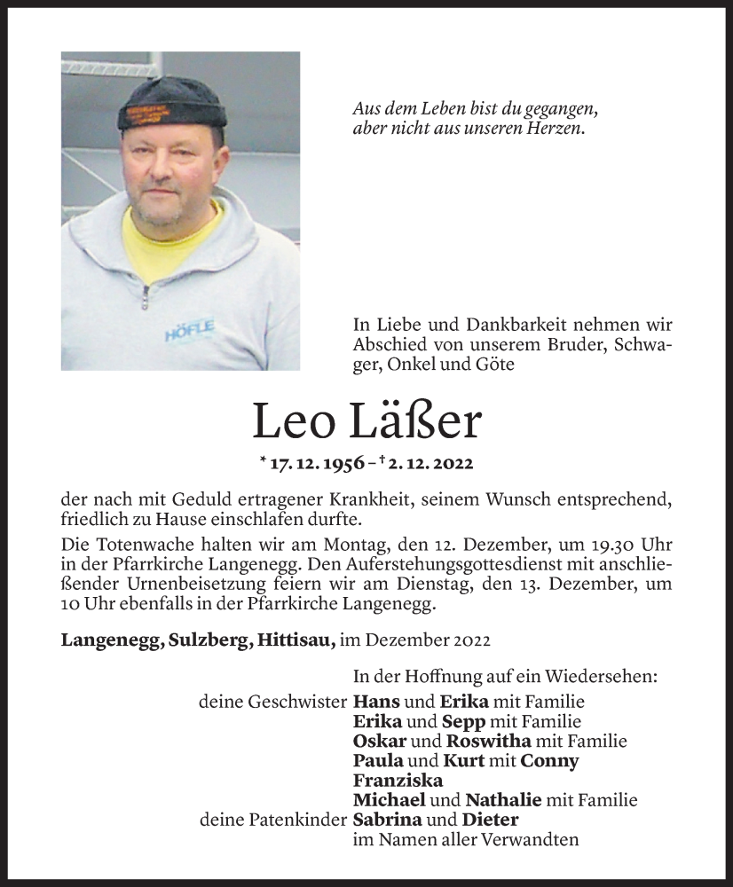  Todesanzeige für Leo Läßer vom 09.12.2022 aus Vorarlberger Nachrichten