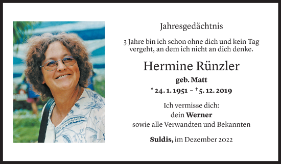 Todesanzeige von Hermine Rünzler von Vorarlberger Nachrichten