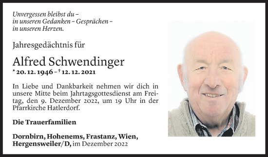 Todesanzeige von Alfred Schwendinger von Vorarlberger Nachrichten