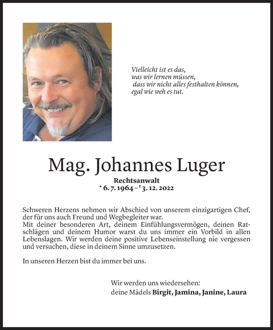 Todesanzeige von Hannes Luger von Vorarlberger Nachrichten