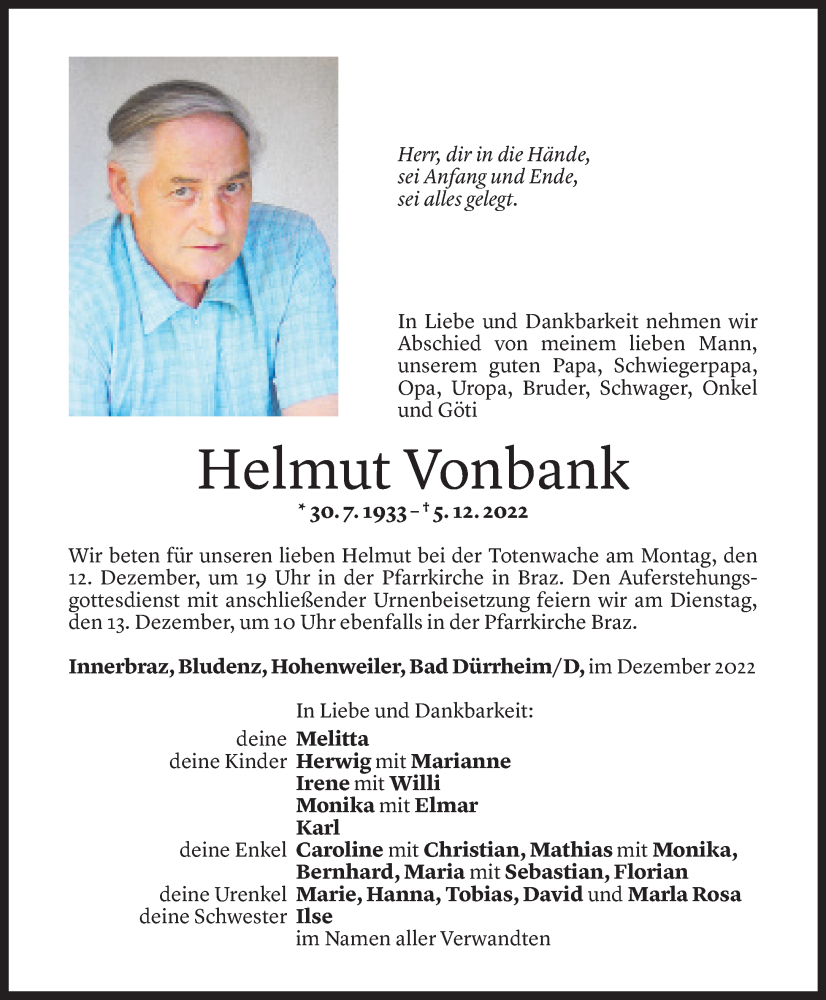  Todesanzeige für Helmut Vonbank vom 10.12.2022 aus Vorarlberger Nachrichten