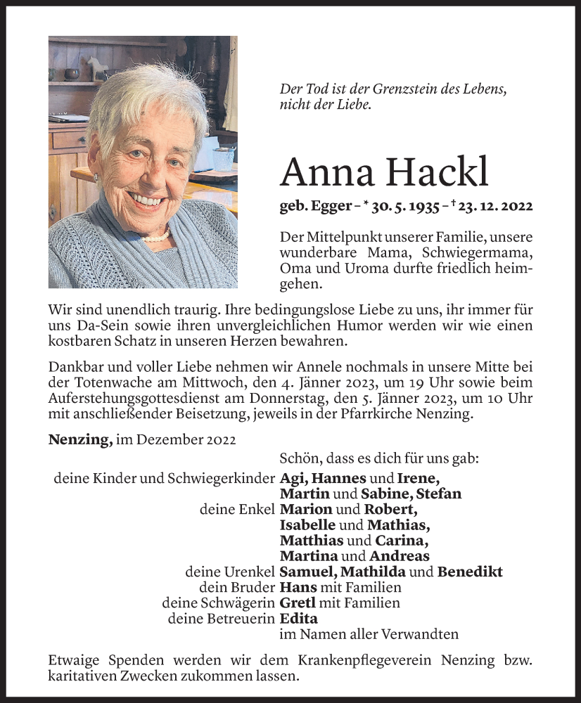  Todesanzeige für Anna Hackl vom 30.12.2022 aus Vorarlberger Nachrichten
