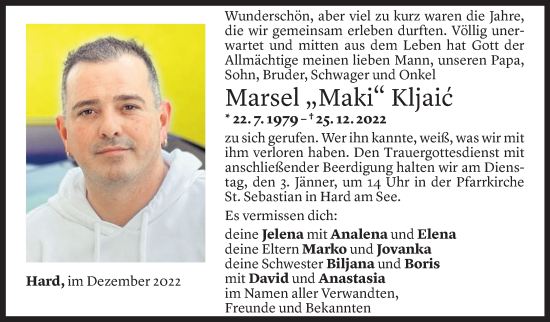 Todesanzeige von Marsel Kljaic von Vorarlberger Nachrichten