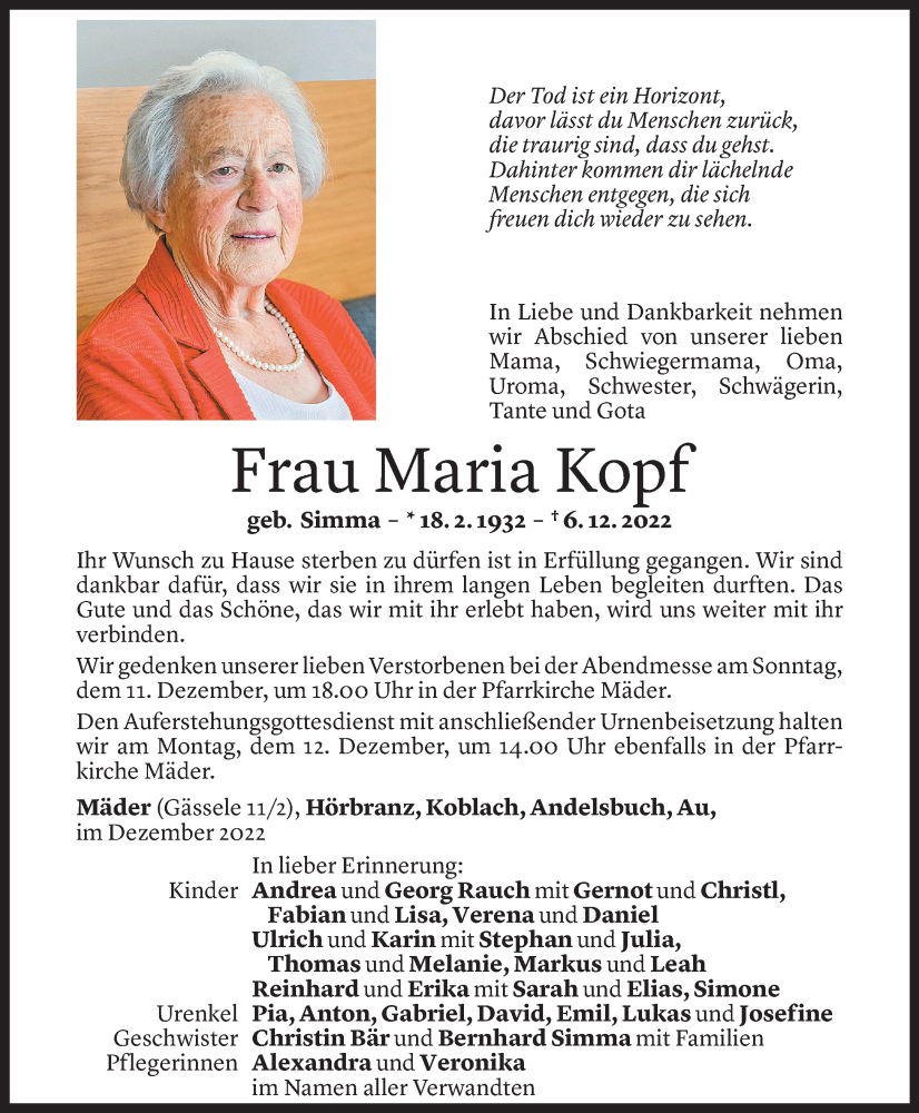  Todesanzeige für Maria Kopf vom 10.12.2022 aus Vorarlberger Nachrichten