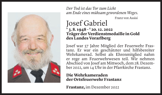Todesanzeige von Josef Gabriel von Vorarlberger Nachrichten