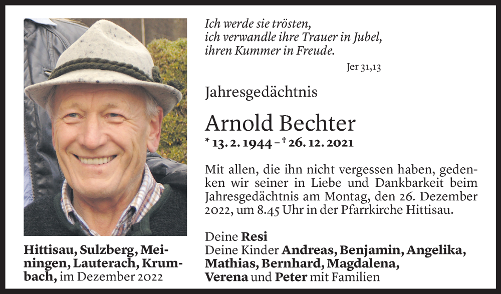  Todesanzeige für Arnold Bechter vom 23.12.2022 aus Vorarlberger Nachrichten