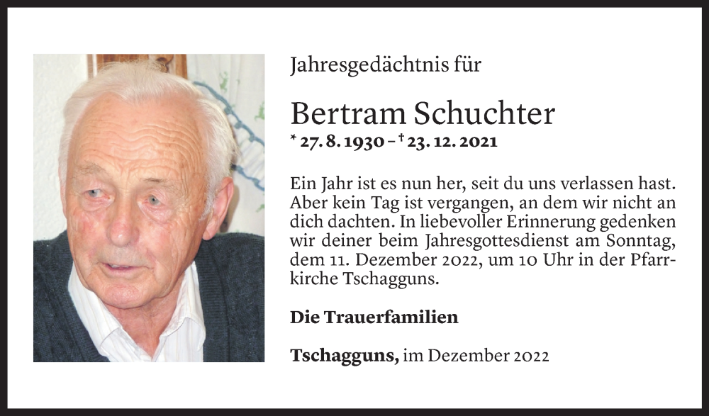  Todesanzeige für Bertram Schuchter vom 08.12.2022 aus Vorarlberger Nachrichten