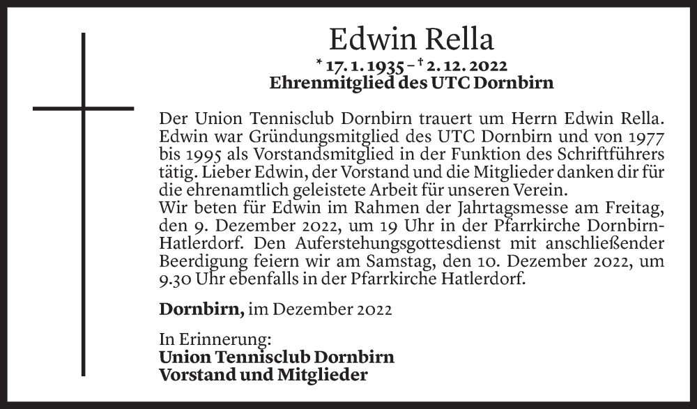  Todesanzeige für Edwin Rella vom 07.12.2022 aus Vorarlberger Nachrichten