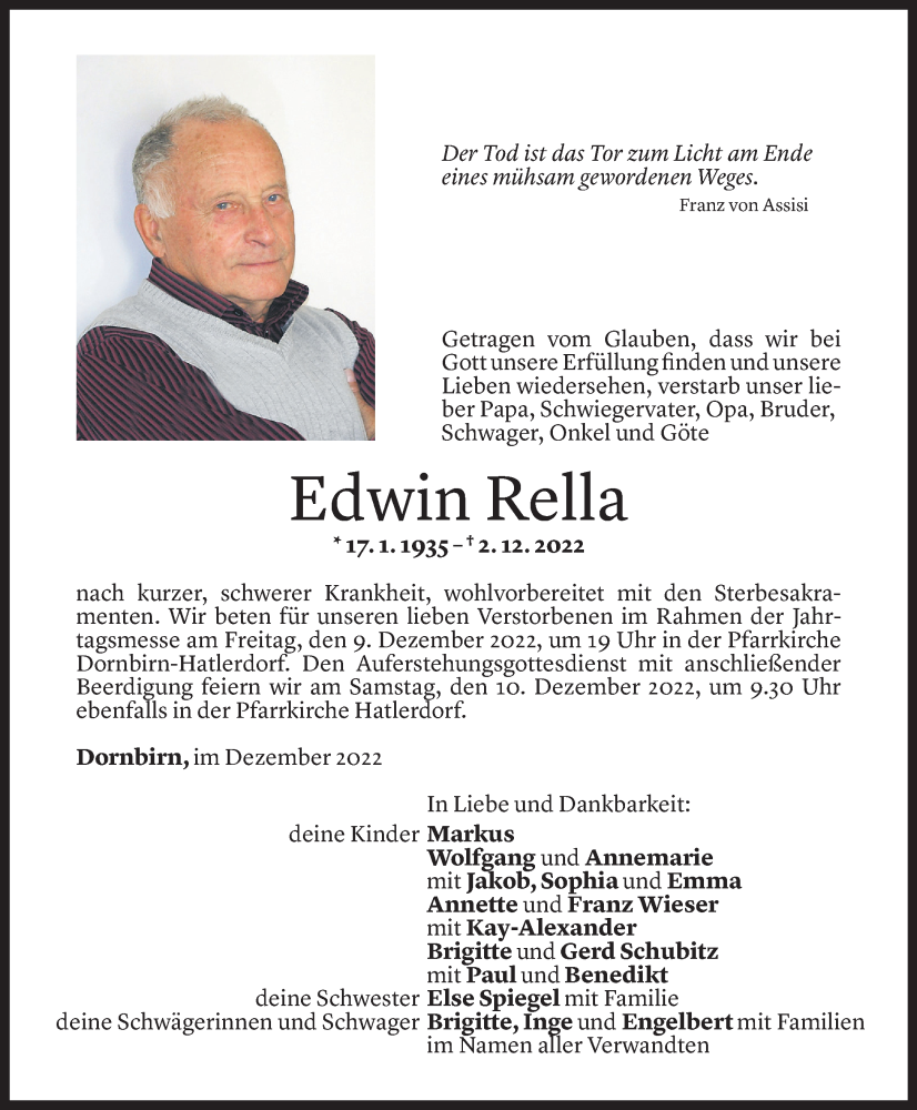  Todesanzeige für Edwin Rella vom 07.12.2022 aus Vorarlberger Nachrichten