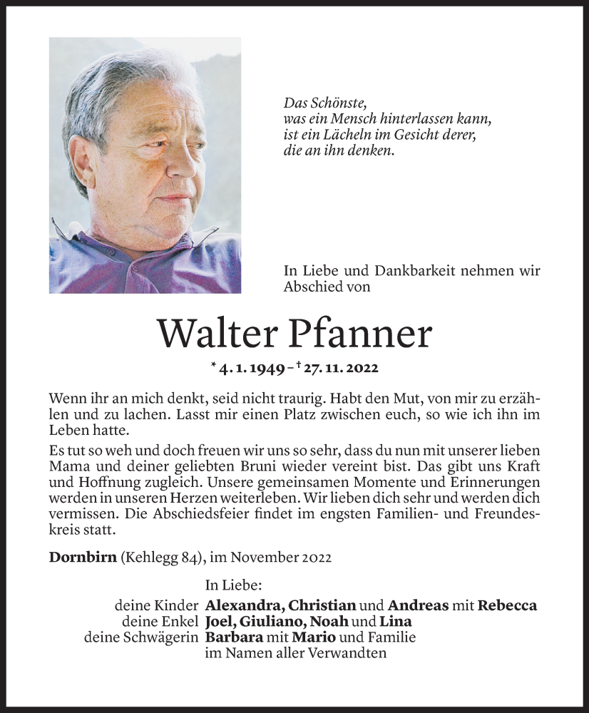  Todesanzeige für Walter Pfanner vom 03.12.2022 aus Vorarlberger Nachrichten