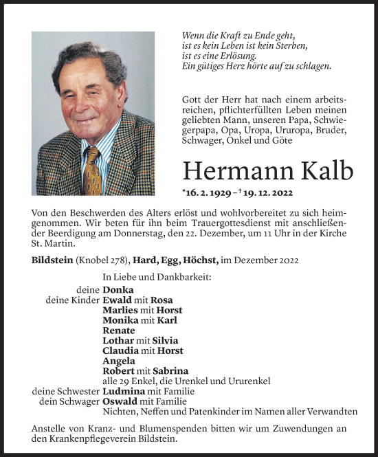 Todesanzeige von Hermann Kalb von Vorarlberger Nachrichten