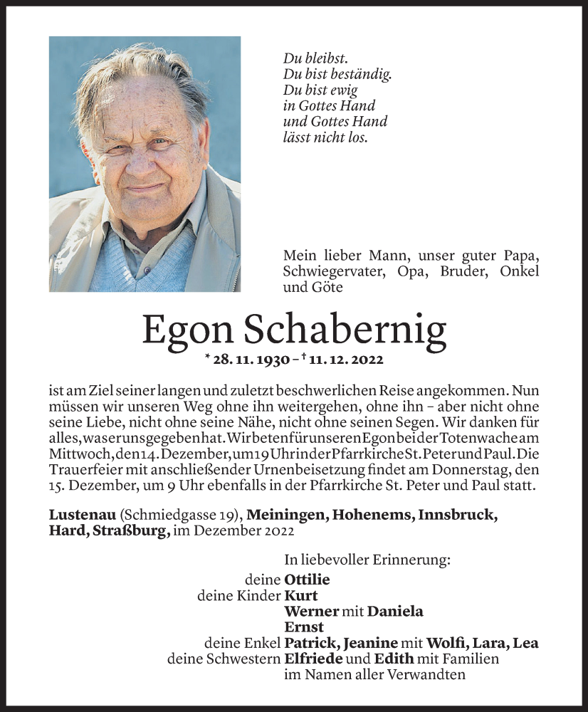  Todesanzeige für Egon Schabernig vom 13.12.2022 aus Vorarlberger Nachrichten