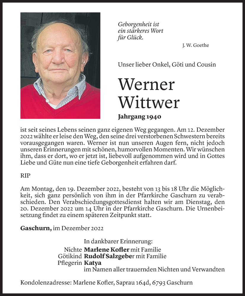  Todesanzeige für Werner Wittwer vom 15.12.2022 aus Vorarlberger Nachrichten