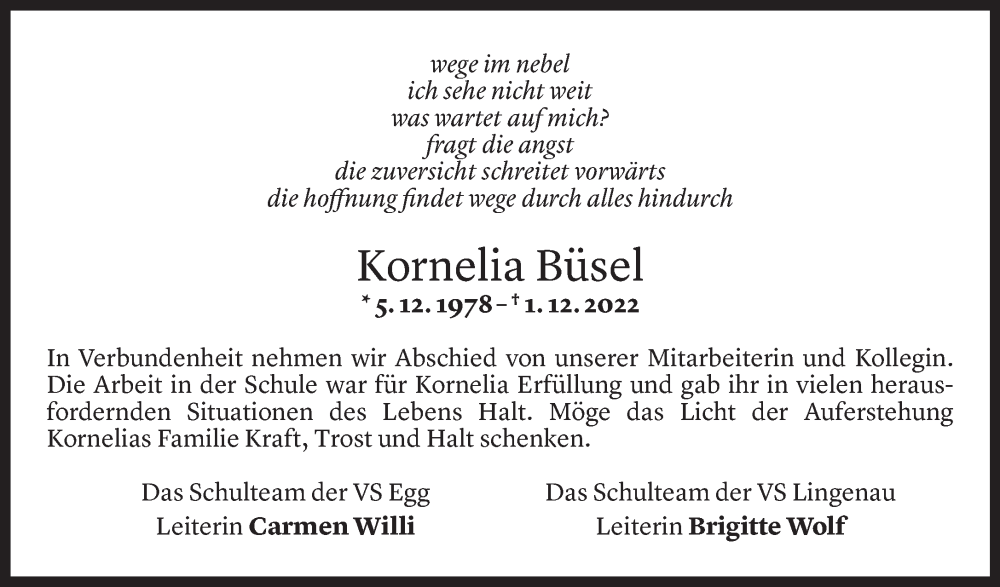  Todesanzeige für Kornelia Büsel vom 02.12.2022 aus Vorarlberger Nachrichten