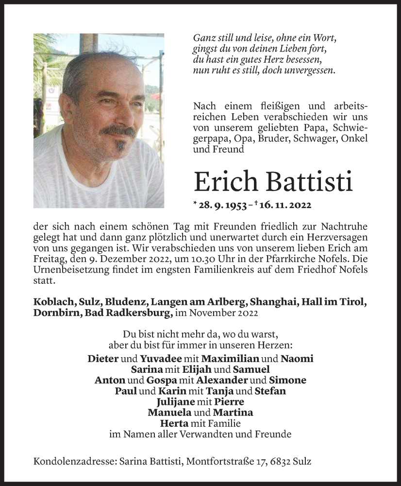  Todesanzeige für Erich Battisti vom 06.12.2022 aus Vorarlberger Nachrichten