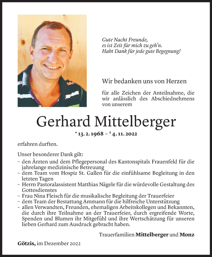 Todesanzeige für Gerhard Mittelberger vom 17.12.2022 aus Vorarlberger Nachrichten