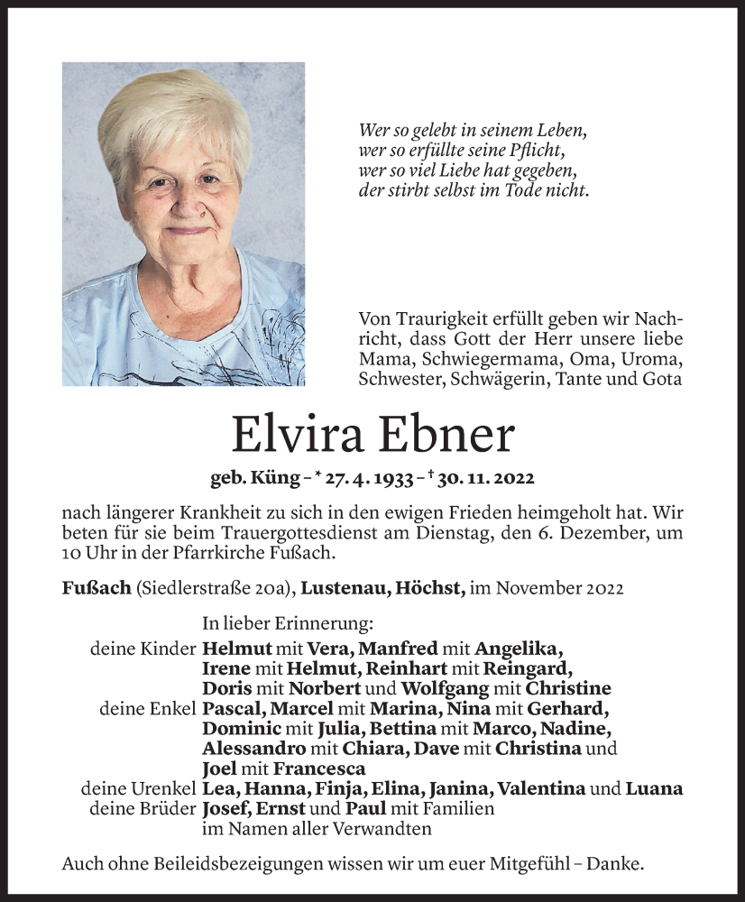  Todesanzeige für Elvira Ebner vom 02.12.2022 aus Vorarlberger Nachrichten