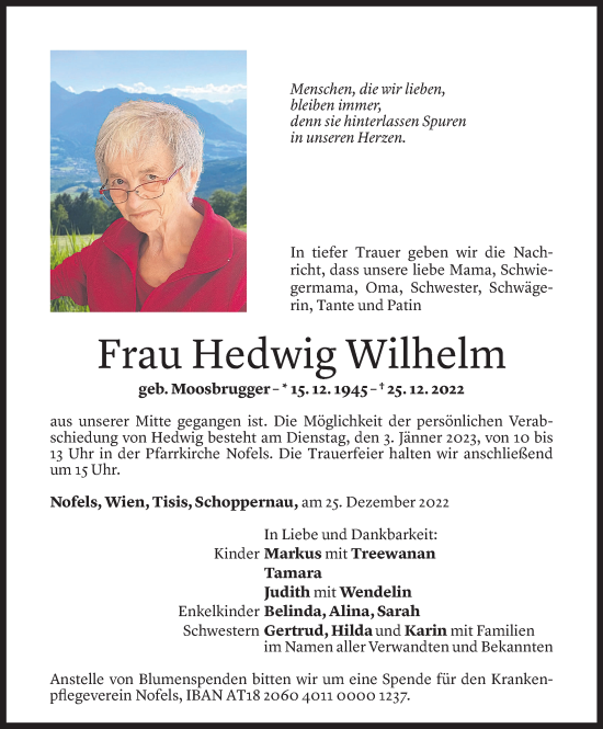 Todesanzeige von Hedwig Wilhelm von Vorarlberger Nachrichten