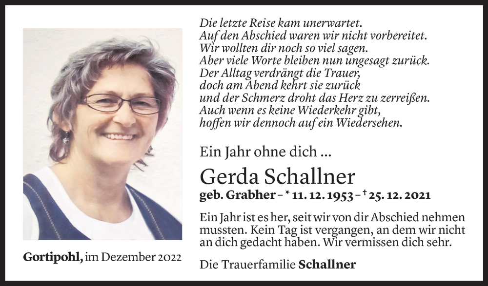 Todesanzeige für Gerda Schallner vom 24.12.2022 aus Vorarlberger Nachrichten