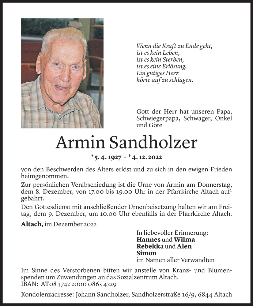  Todesanzeige für Armin Sandholzer vom 07.12.2022 aus Vorarlberger Nachrichten