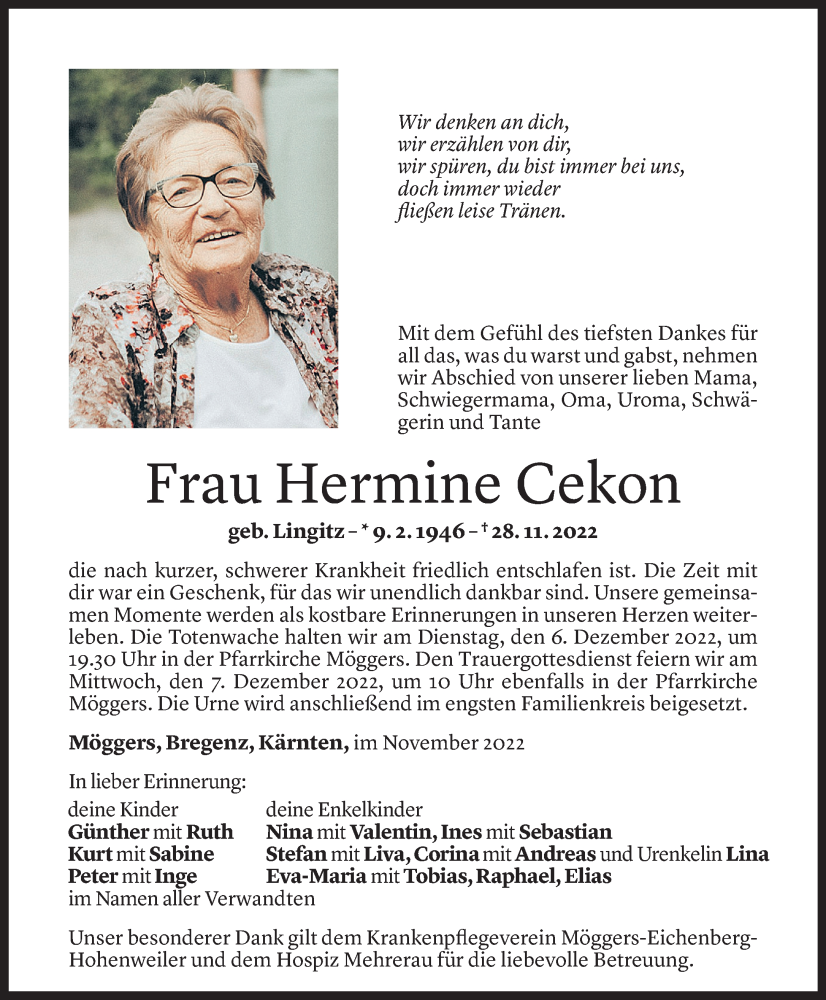  Todesanzeige für Hermine Cekon vom 02.12.2022 aus Vorarlberger Nachrichten