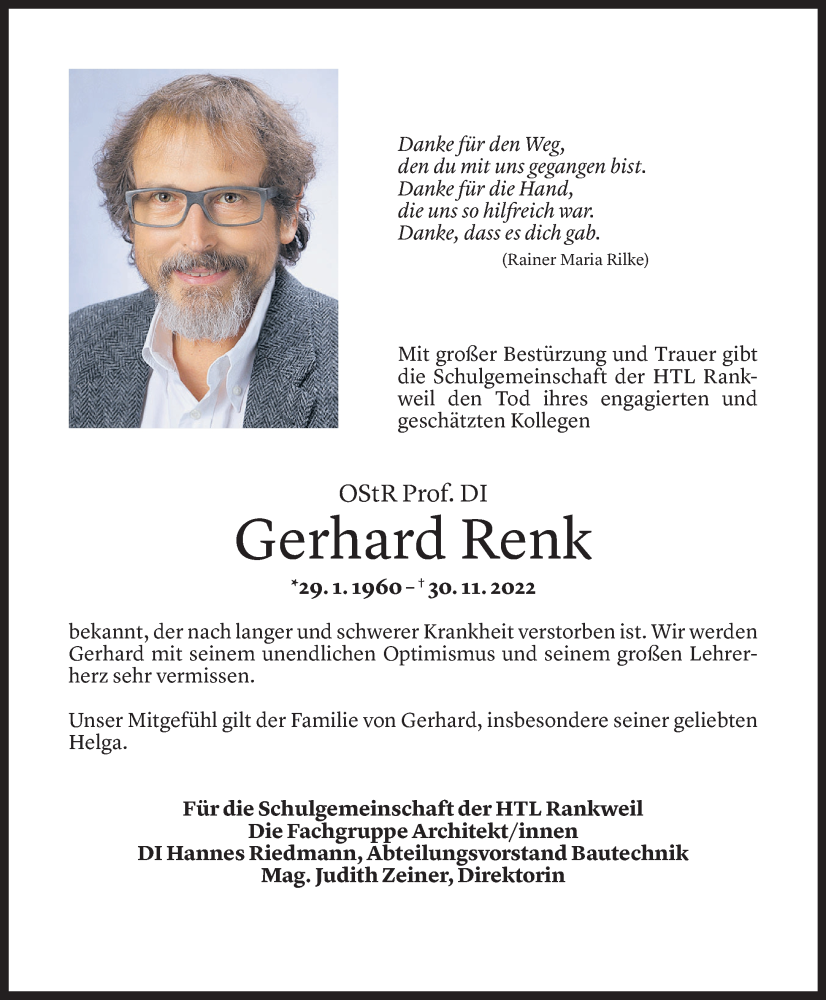  Todesanzeige für Gerhard Renk vom 07.12.2022 aus Vorarlberger Nachrichten