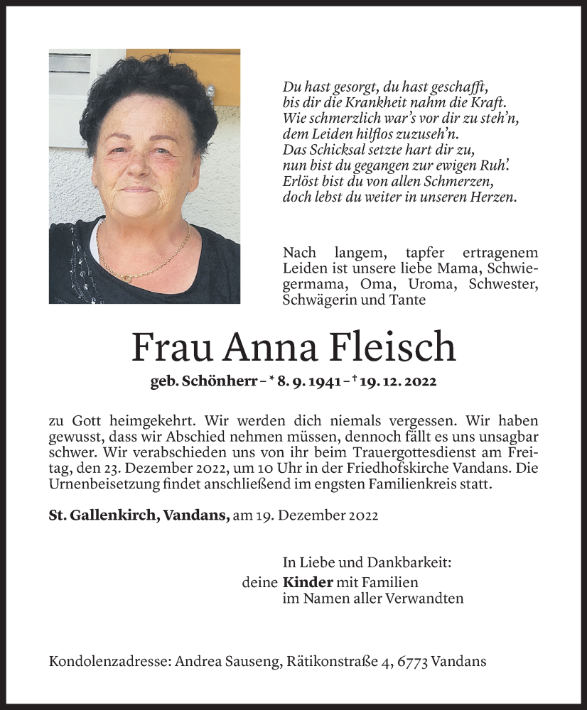  Todesanzeige für Anna Fleisch vom 21.12.2022 aus Vorarlberger Nachrichten