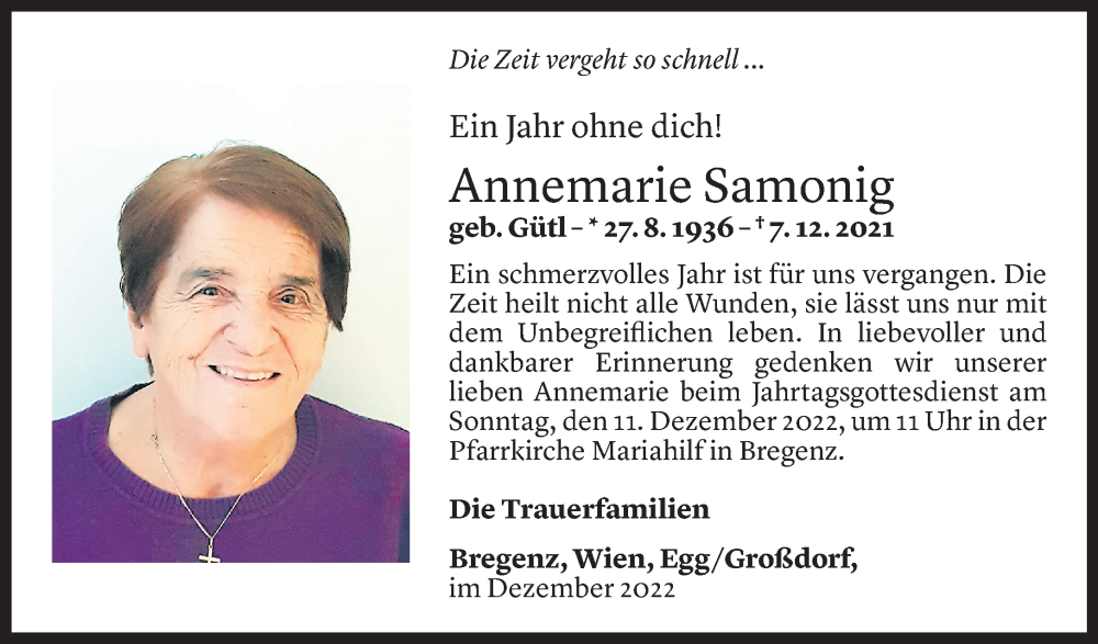  Todesanzeige für Annemarie Samonig vom 07.12.2022 aus Vorarlberger Nachrichten