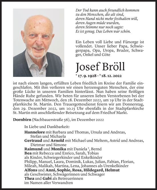 Todesanzeige von Josef Bröll von Vorarlberger Nachrichten