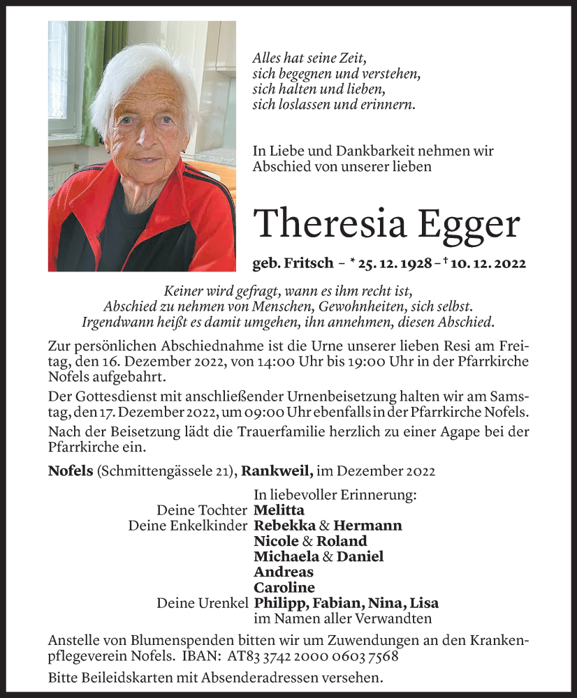Todesanzeigen von Theresia Egger | Todesanzeigen Vorarlberger Nachrichten