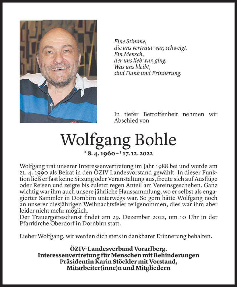  Todesanzeige für Wolfgang Bohle vom 23.12.2022 aus Vorarlberger Nachrichten
