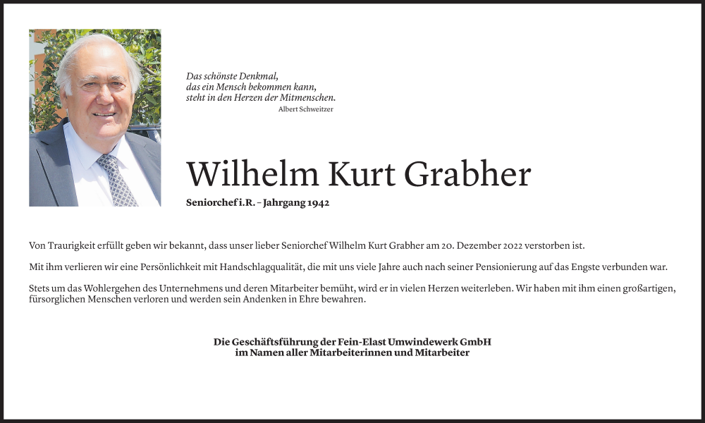  Todesanzeige für Wilhelm Kurt Grabher vom 23.12.2022 aus Vorarlberger Nachrichten