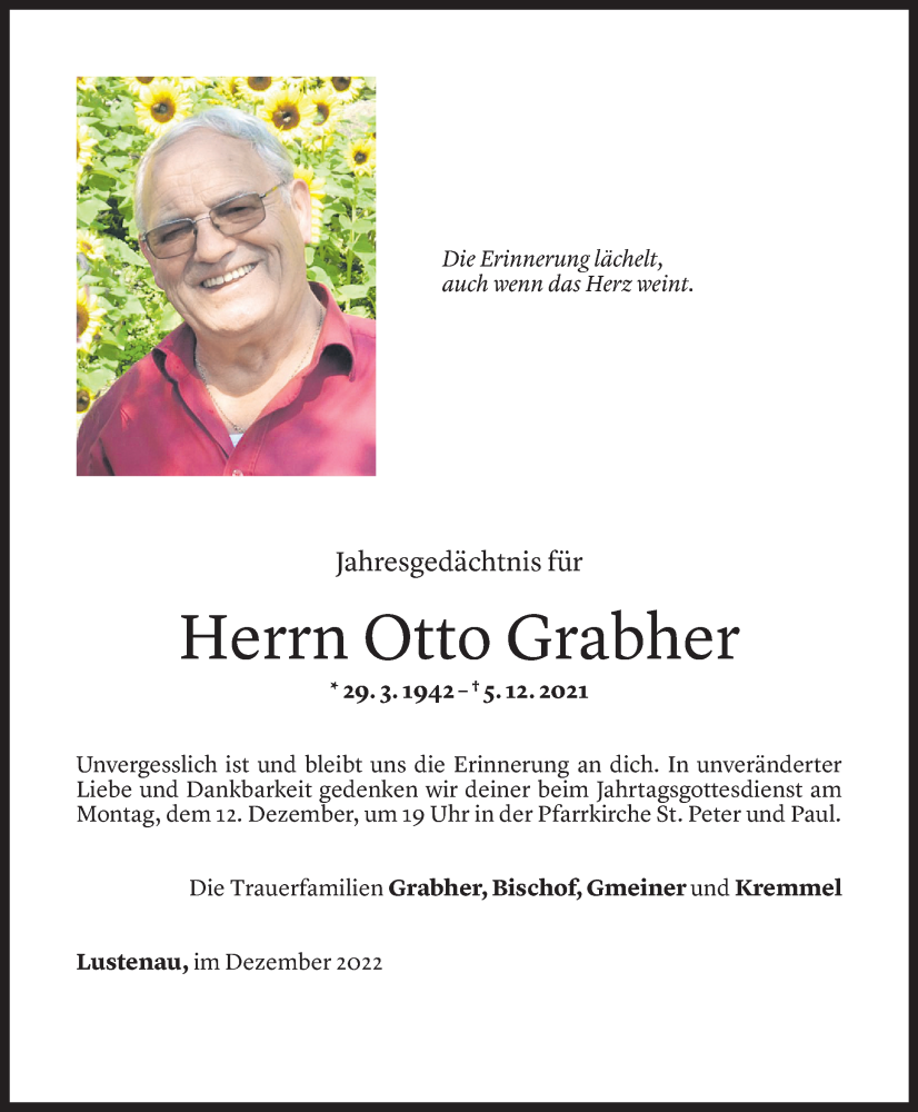  Todesanzeige für Otto Grabher vom 04.12.2022 aus Vorarlberger Nachrichten