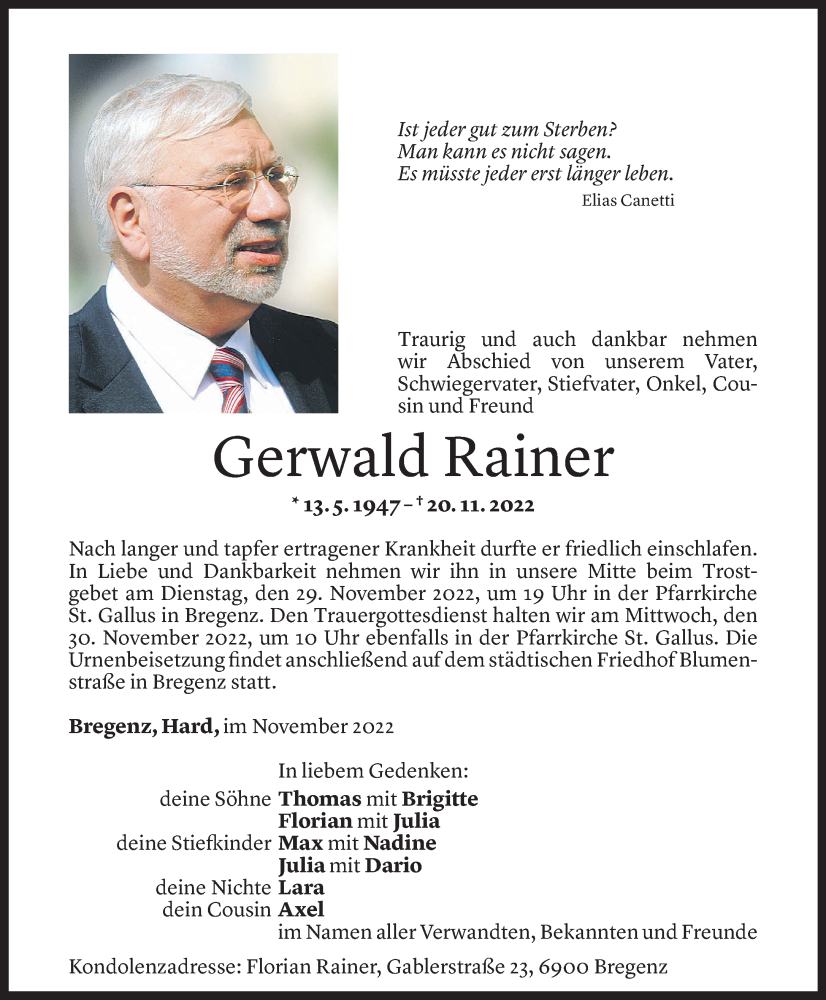  Todesanzeige für Gerwald Rainer vom 25.11.2022 aus Vorarlberger Nachrichten