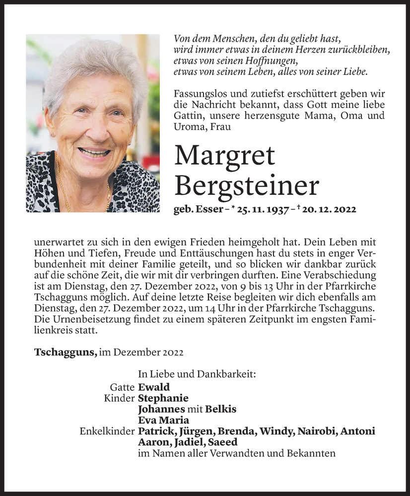  Todesanzeige für Margret Bergsteiner vom 23.12.2022 aus Vorarlberger Nachrichten