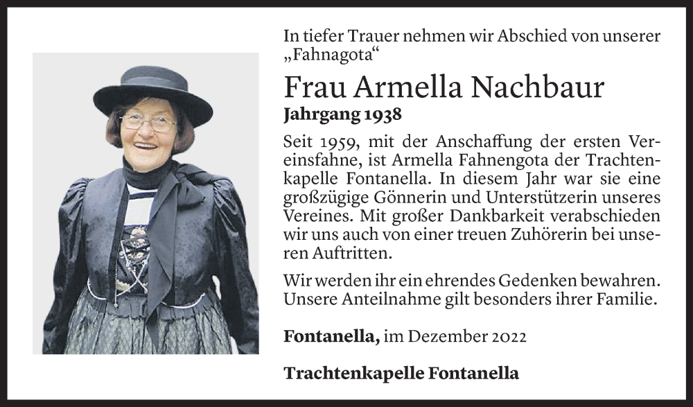  Todesanzeige für Armella Nachbaur vom 23.12.2022 aus Vorarlberger Nachrichten