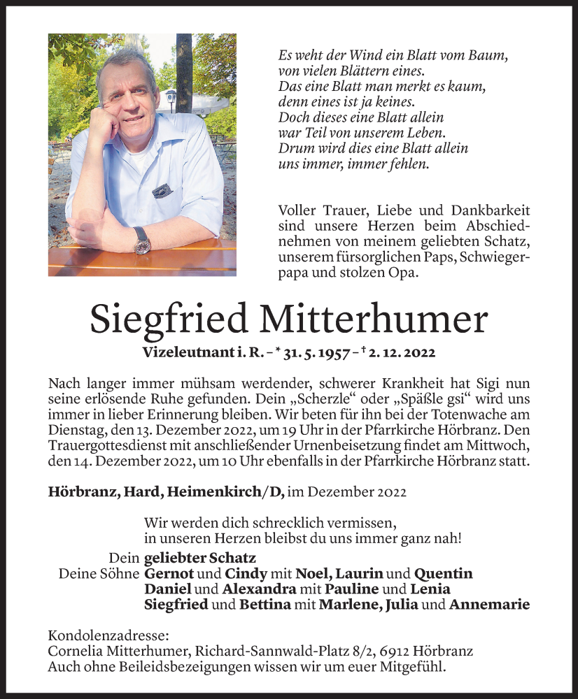  Todesanzeige für Siegfried Mitterhumer vom 09.12.2022 aus Vorarlberger Nachrichten