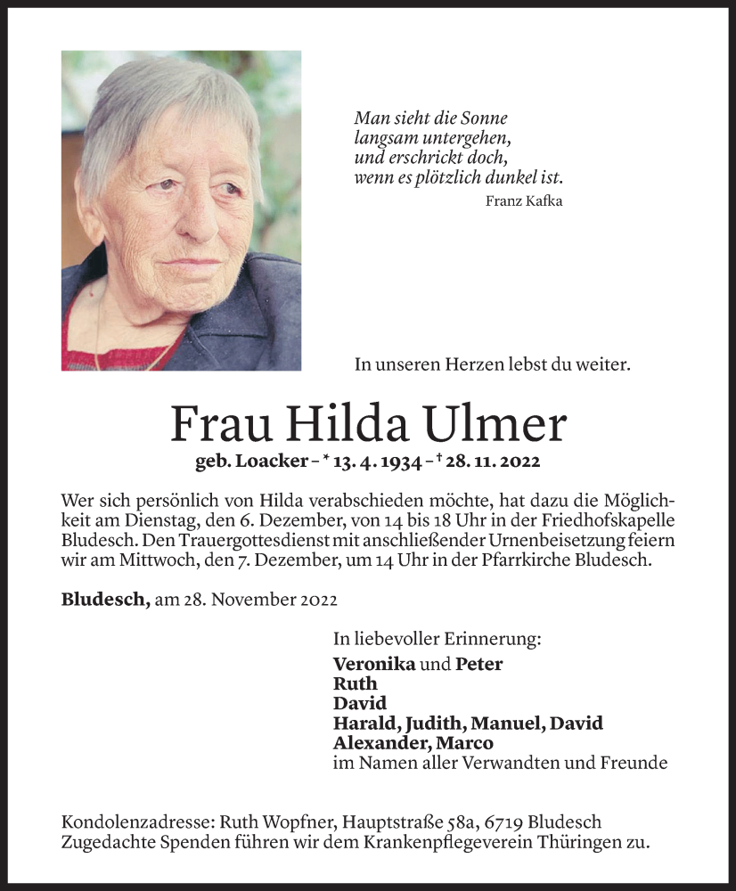  Todesanzeige für Hilda Ulmer vom 03.12.2022 aus Vorarlberger Nachrichten