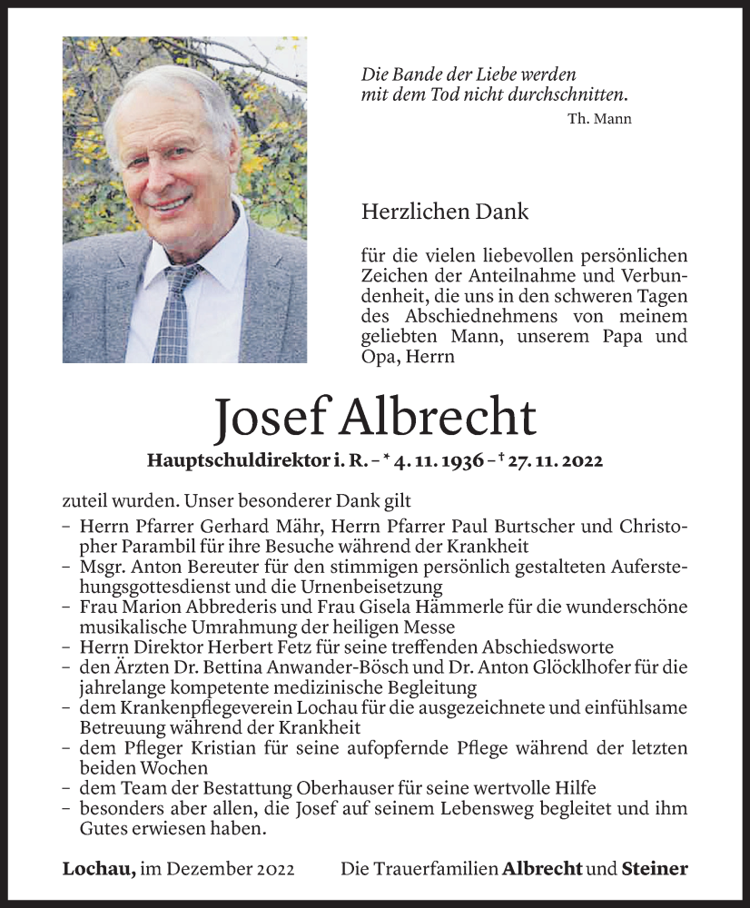  Todesanzeige für Josef Albrecht vom 29.12.2022 aus Vorarlberger Nachrichten