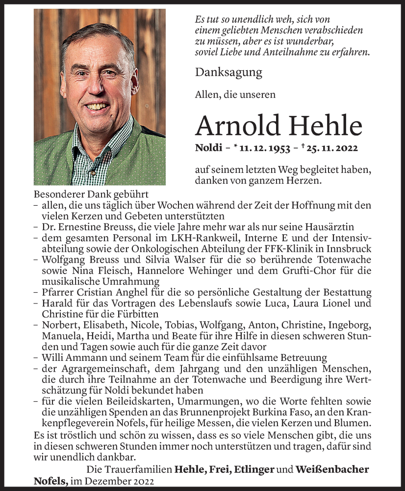  Todesanzeige für Arnold Hehle vom 31.12.2022 aus Vorarlberger Nachrichten