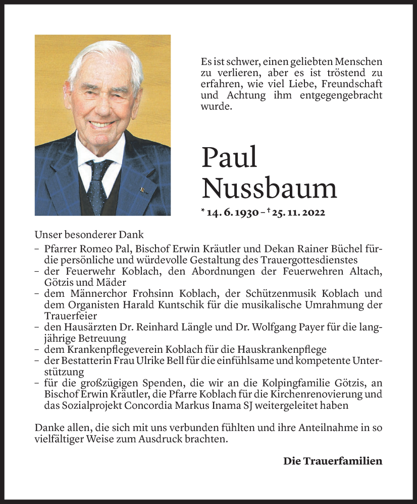  Todesanzeige für Paul Nussbaum vom 30.12.2022 aus Vorarlberger Nachrichten