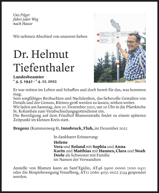 Todesanzeige von Helmut Tiefenthaler von Vorarlberger Nachrichten